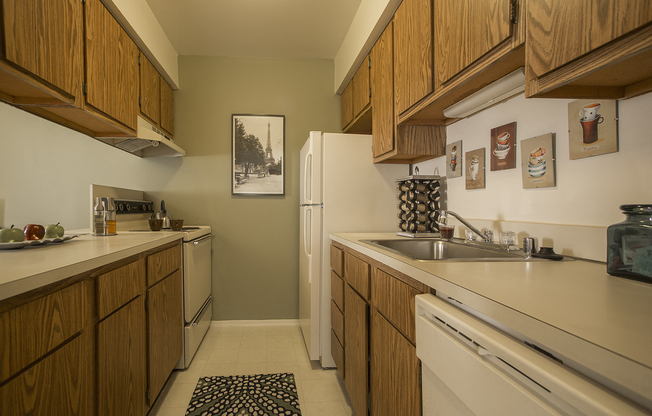 Kitchen with all appliances included (refrigerator, stove, dishwasher and garbage disposal) at Woodland Villa Apartments in Westland