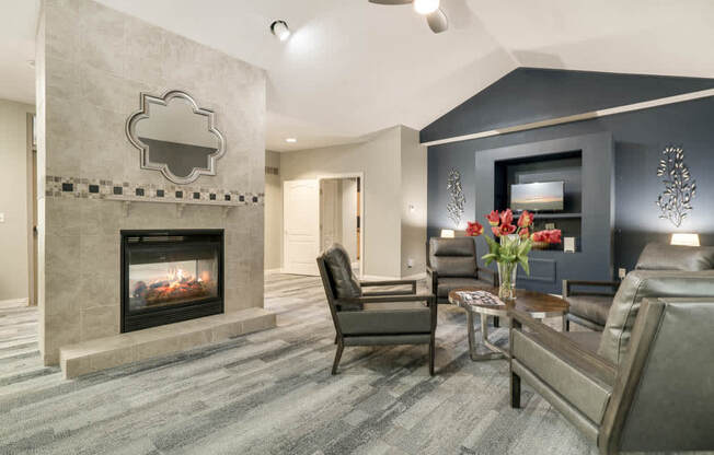 Clubhouse leasing lounge with fireplace at Southwind Villas in southwest Omaha in La Vista, NE, 68128