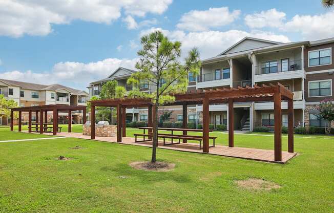 A tree stands in a grassy area in front of apartment buildings.