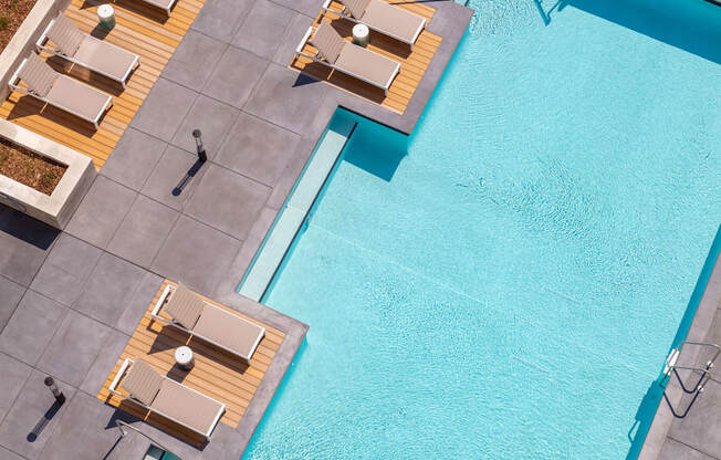 A large swimming pool with sun loungers around it.