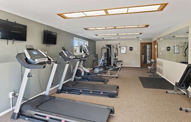 the gym has plenty of exercise equipment and a tv