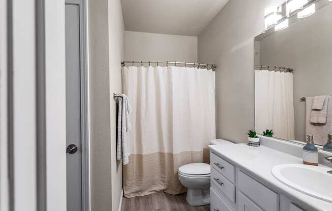 a bathroom with a shower and a toilet and a sink