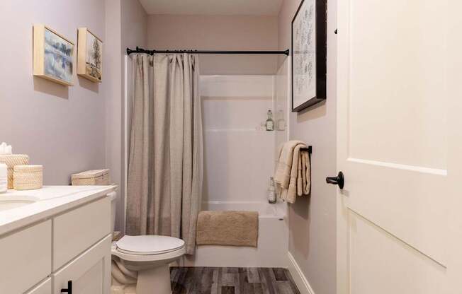 A bathroom with a toilet, sink, and shower.