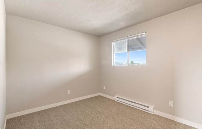 A room with a window and a carpeted floor.