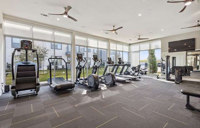 the state of the art gym is equipped with cardio equipment and floor to ceiling windows at LynnCora, Texas, 75052