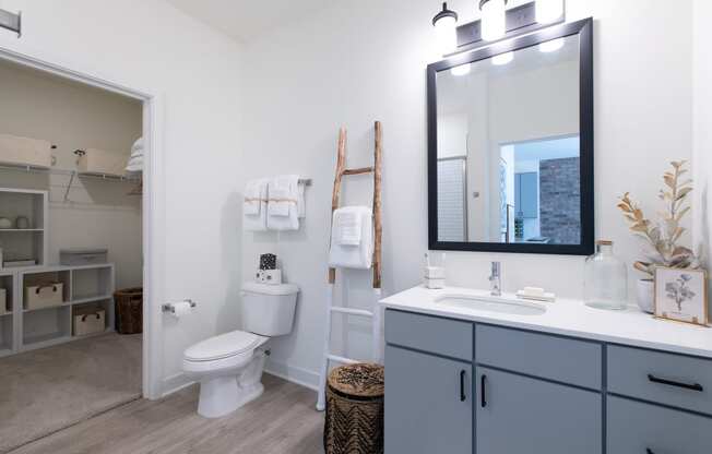 a bathroom with gray cabinets and white walls