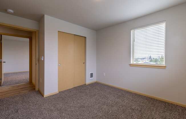 A brightly lit bedroom with a closet