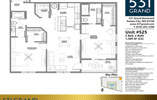 2 beds, 2 baths, 1,309 sqft, $2,649, Unit 525