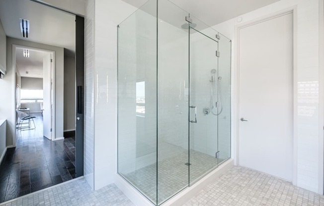 a large shower with glass doors in a bathroom