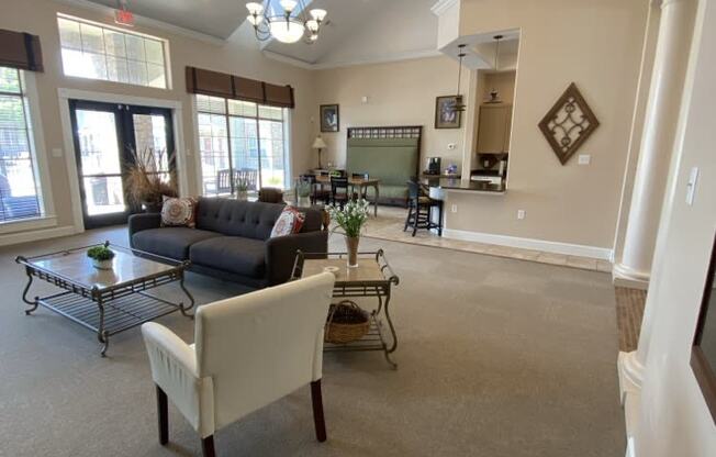 a living room with a couch and a table