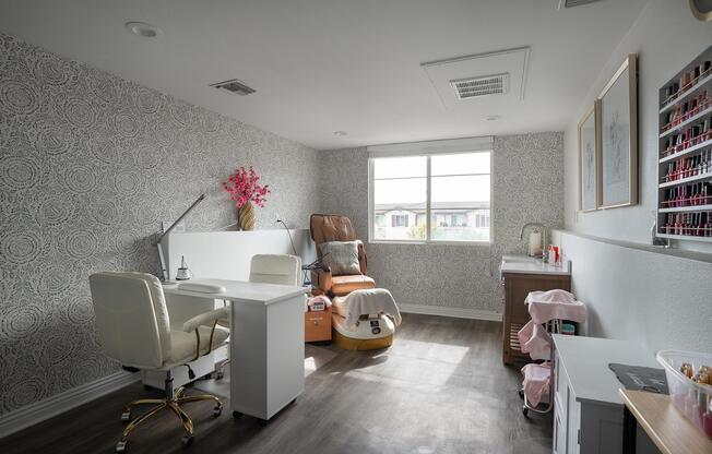 a living room filled with furniture and a large window