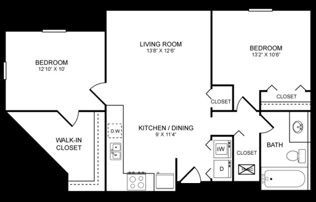 2 beds, 1 bath, 826 sqft, $1,300, Unit 151