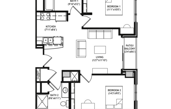 2 beds, 2 baths, 830 sqft, $3,345, Unit 105