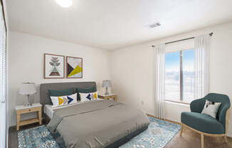 a bedroom with a large window at Seville Apartments, Kalamazoo, MI, 49009