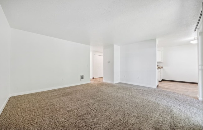 A room with a carpeted floor and white walls.