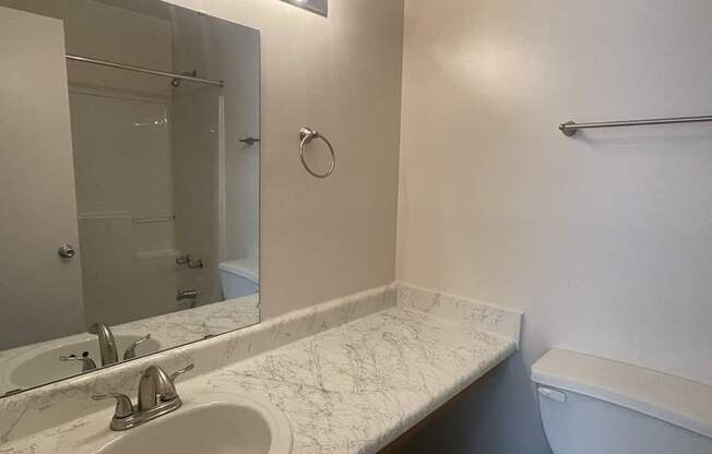 A bathroom with a marble countertop and a white sink.