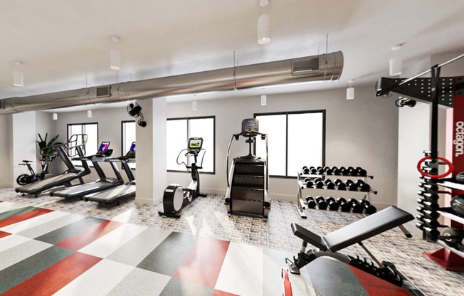 Professional 24-hour gym with weight machines and cardio equipment at brand new community in Mecklenburg County, NC