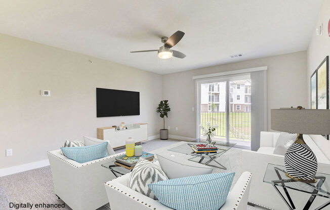 a living room with white furniture and a ceiling fan at Chase Creek Apartment Homes, Huntsville, AL, 35811