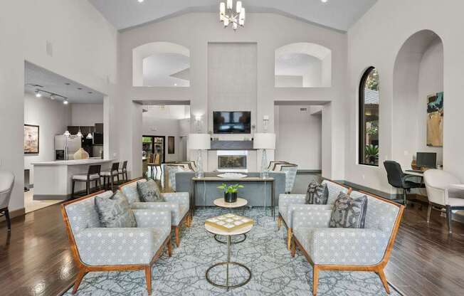 A living room with a grey sofa and a coffee table.
