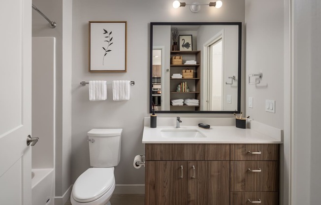 A bathroom with a white toilet and a mirror above a sink.