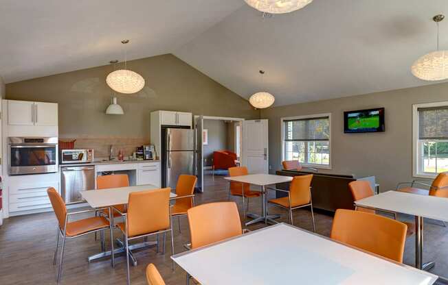 Community clubroom with kitchen at Mansfield Meadows Apartments in Mansfield, MA