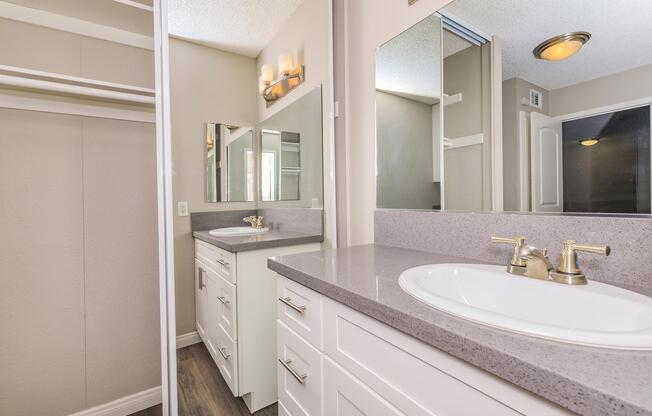 a double sink and large mirror