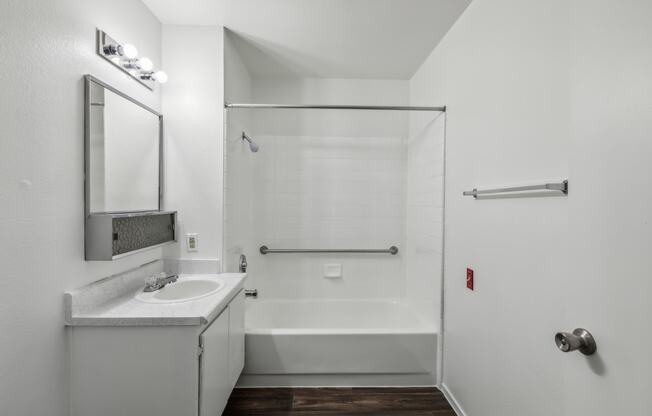 a bathroom with a shower and a sink and a mirror