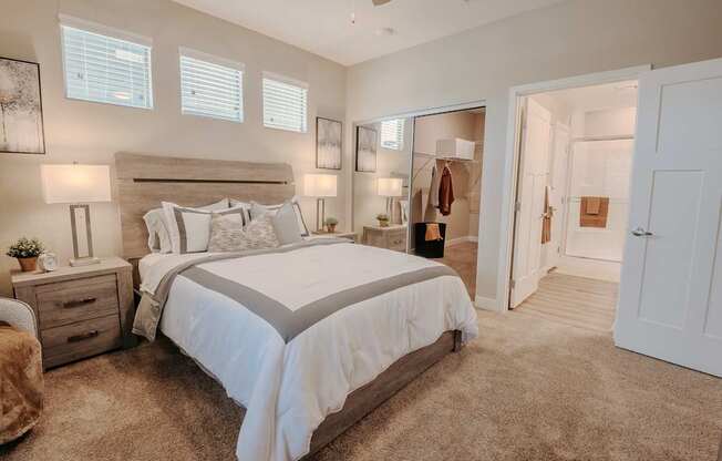 Large bedroom with walk-in closet and attached bathroom.