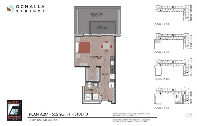 Studio, 1 bath, 502 sqft, $1,420, Unit 120