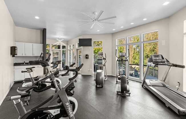 A gym with a row of stationary bikes and a treadmill.
