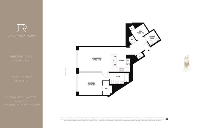 1 bed, 1.5 baths, 938 sqft, $10,150, Unit 16B