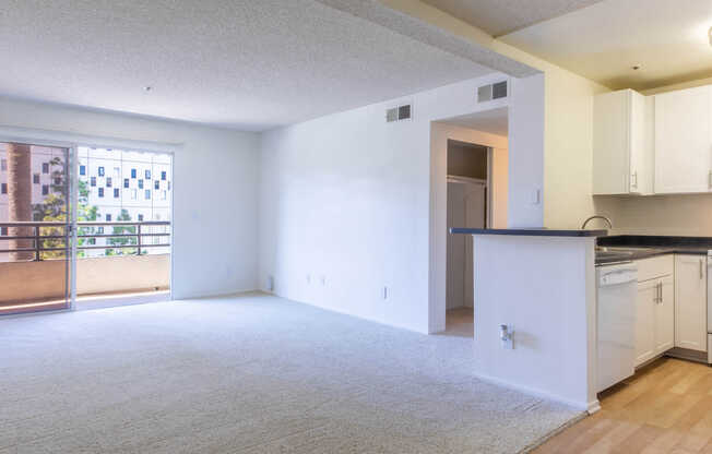 Kitchen and Carpeted Living Room with Balcony
