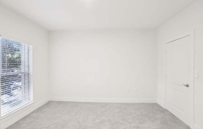 A spacious room with a carpeted floor, a window with blinds, and a closet.