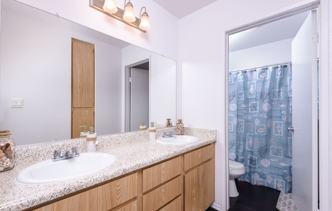 a bathroom with two sinks and a shower and a toilet