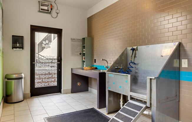 Pet spa with washing tub and exit door at 1010 Dilworth Apartments, Charlotte North Carolina