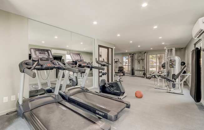 a gym with treadmills and other exercise equipment