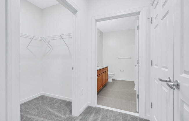 a white bathroom with a walk in closet and a toilet