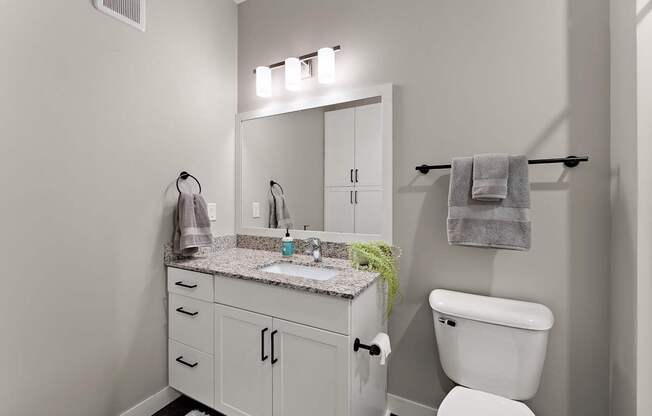 A bathroom with a white toilet and a white sink with a mirror above it.