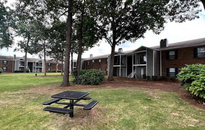 A black picnic table is in the middle of a grassy area.