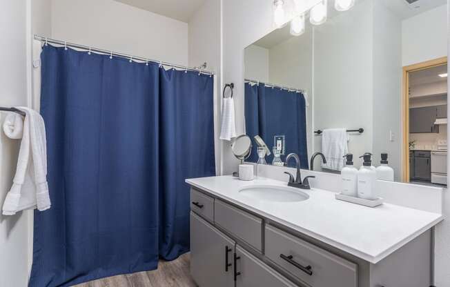 a bathroom with a blue shower curtain and a white sink  at Shoreline Village, Richland, 99352