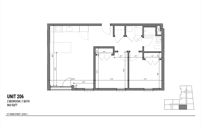 2 beds, 1 bath, 860 sqft, $3,200, Unit 206