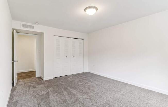 a living room with carpet and a door to a closet