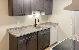 A kitchen with a granite countertop and dark brown cabinets.