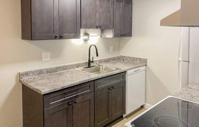 A kitchen with a granite countertop and dark brown cabinets.