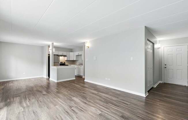 A room with a kitchenette and a door.