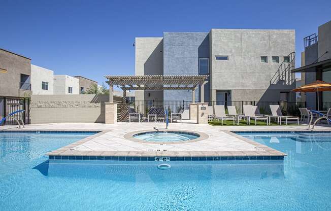 Pool and pool patio at Senderos at South Mountain in Phoenix AZ September 2020