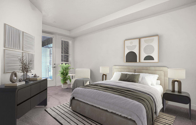 A bedroom with a large bed, a nightstand, and a plant.