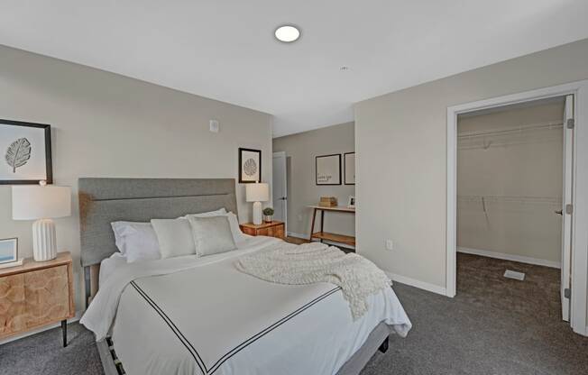 a bedroom with a large bed and a closet