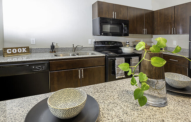 a kitchen with dark cupboards from The Lotus Apartments in Downtown Salt Lake City, Utah