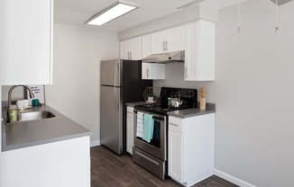 A kitchen with a black refrigerator and stove top oven.